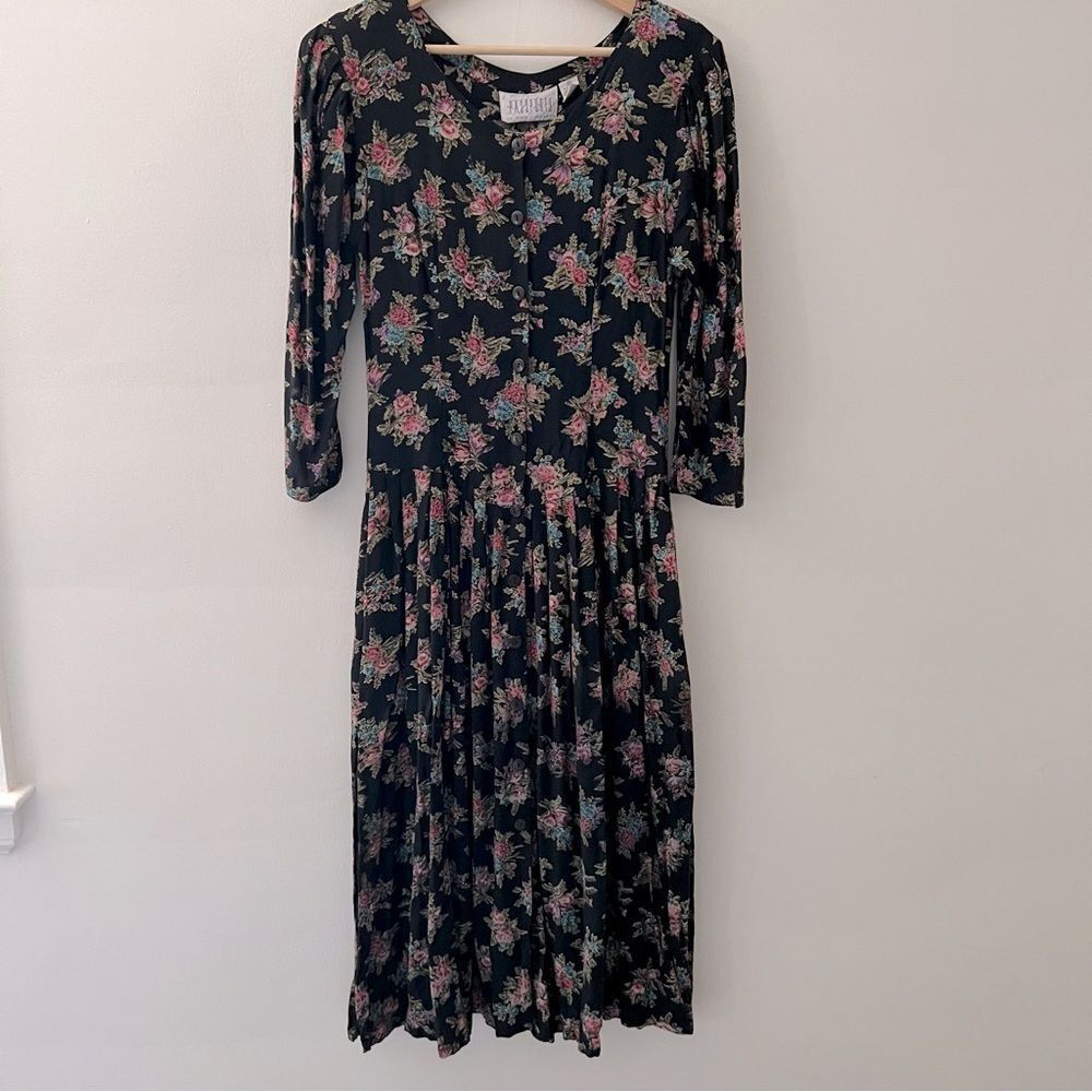 Pier 1 Vintage Dress Drop Waist Button Front Pockets Black Floral Size XS